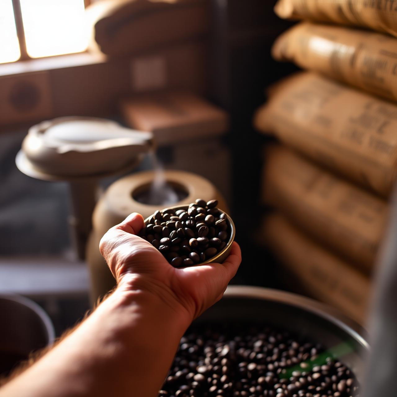 Roaster hands cupping fresh coffee beans